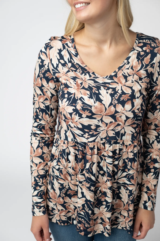 Long Sleeve Sarah Ruffle Top - Navy Autumn Petals by Michelle Mae