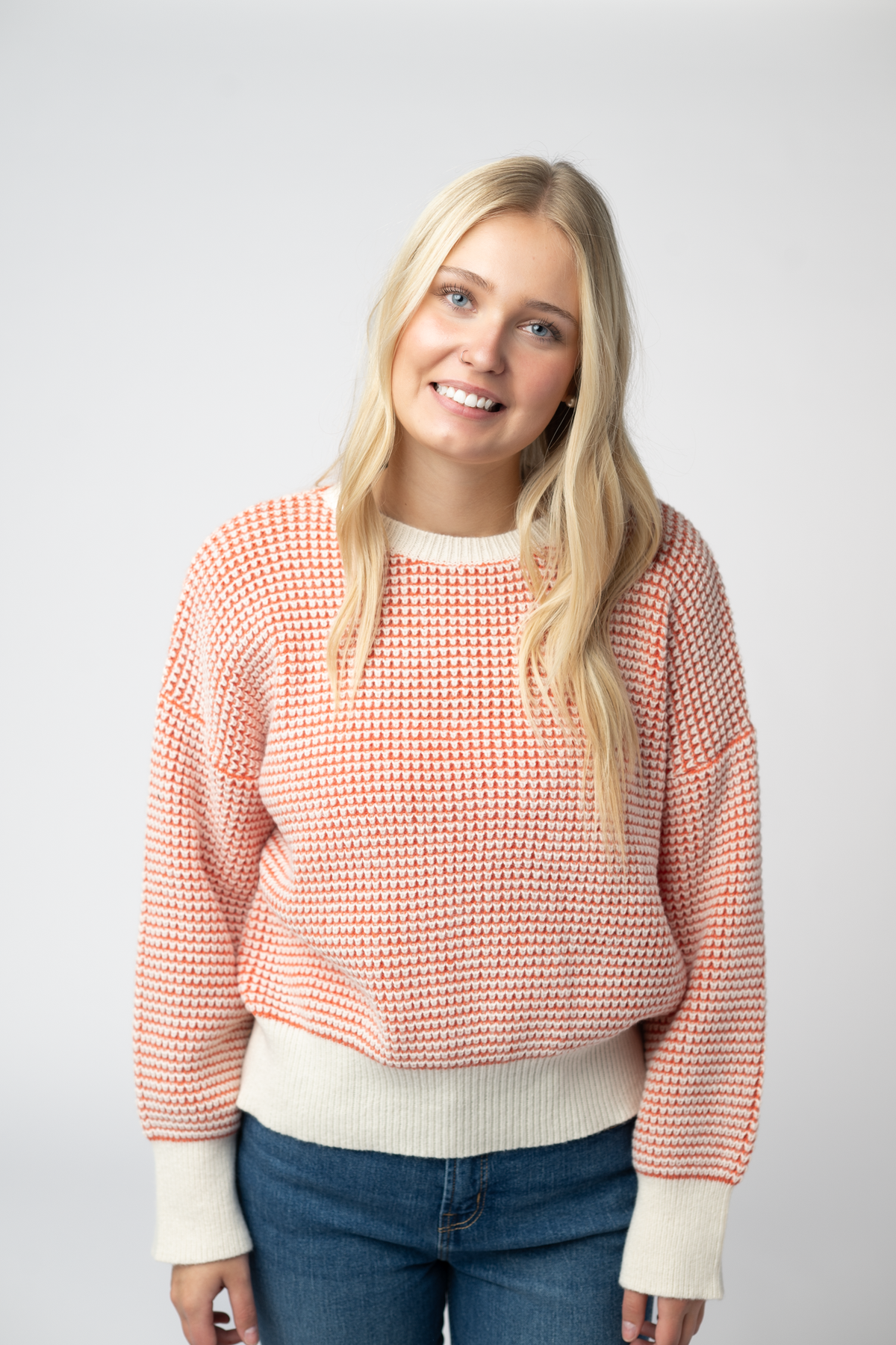 Charlotte Geometric Striped Cozy Fall Sweater Orange Ivory