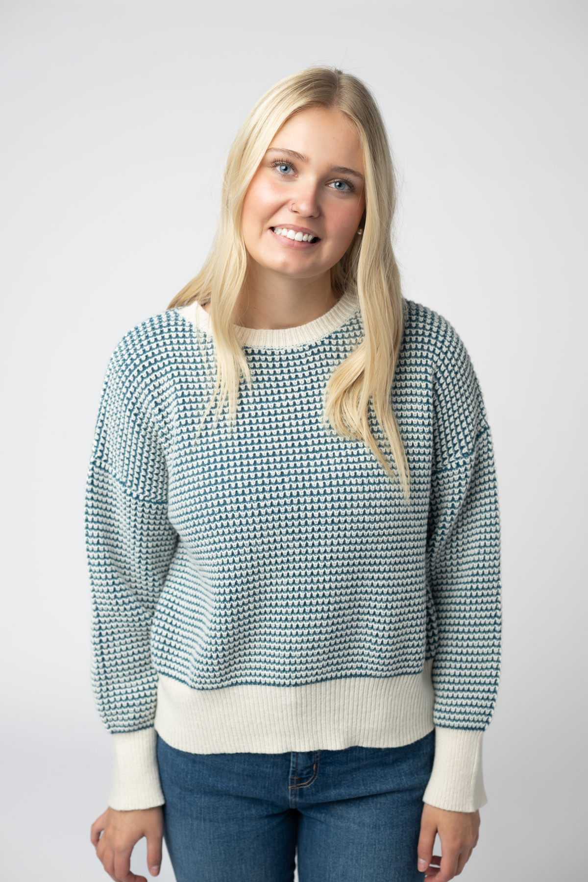 Charlotte Sweater Teal Ivory Soft Geometric Stripe Pullover