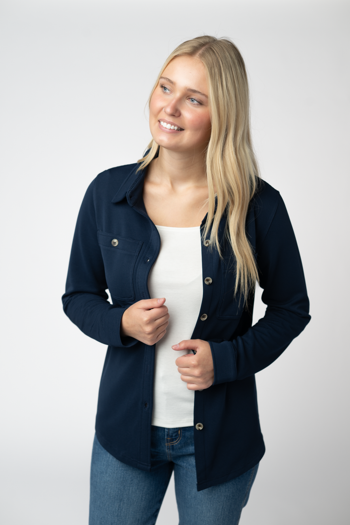 IN STOCK Ryleigh Ribbed Button Down - Navy by Michelle Mae