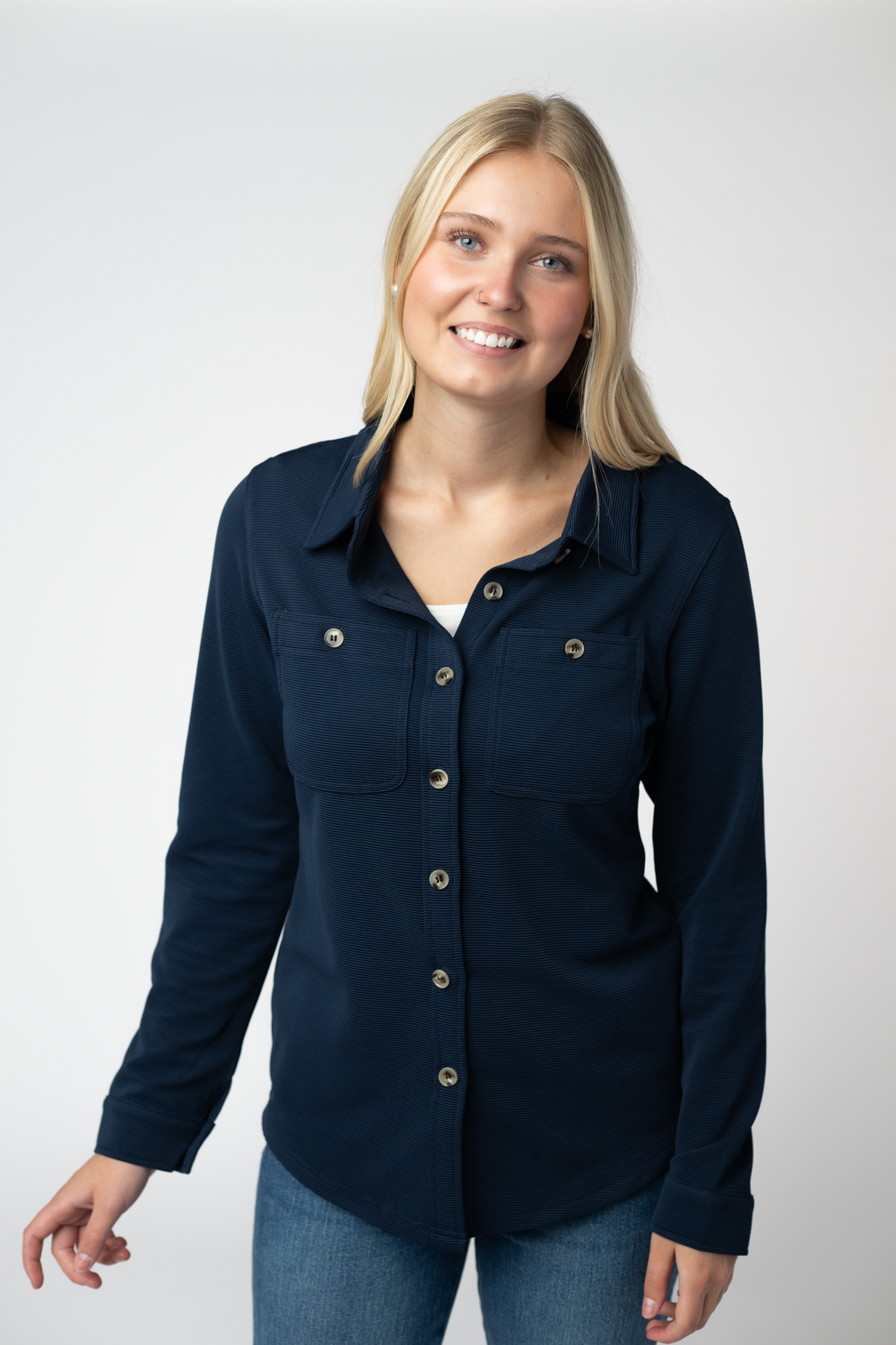 IN STOCK Ryleigh Ribbed Button Down - Navy by Michelle Mae
