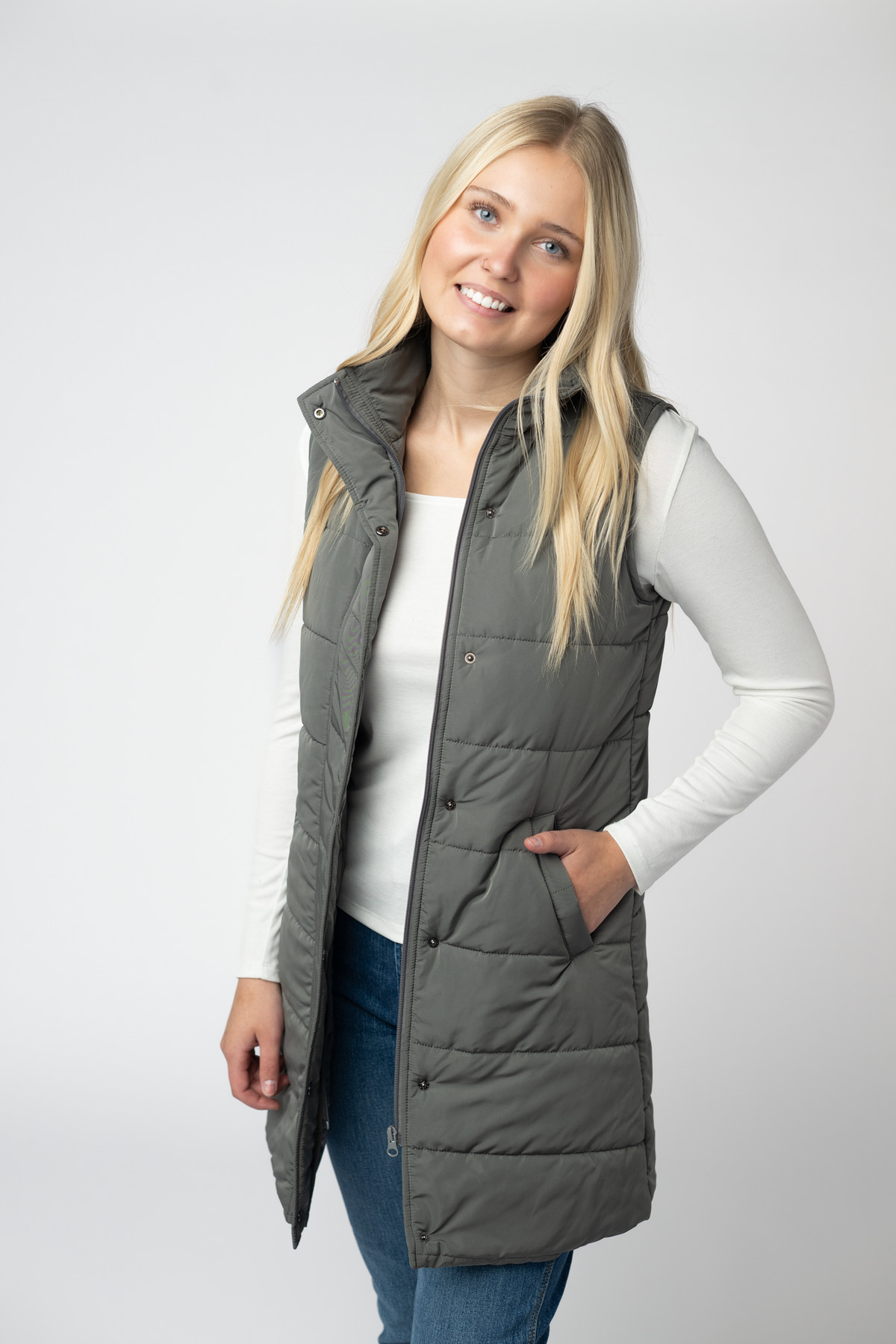 IN STOCK Harlow Long Vest - Grey by Michelle Mae