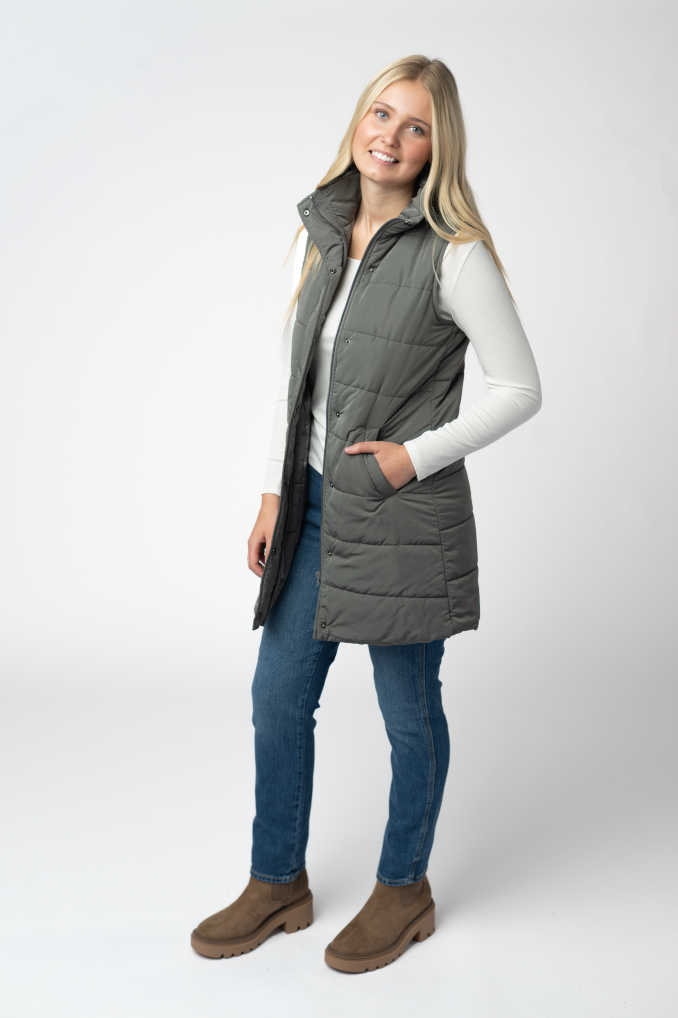 IN STOCK Harlow Long Vest - Grey by Michelle Mae