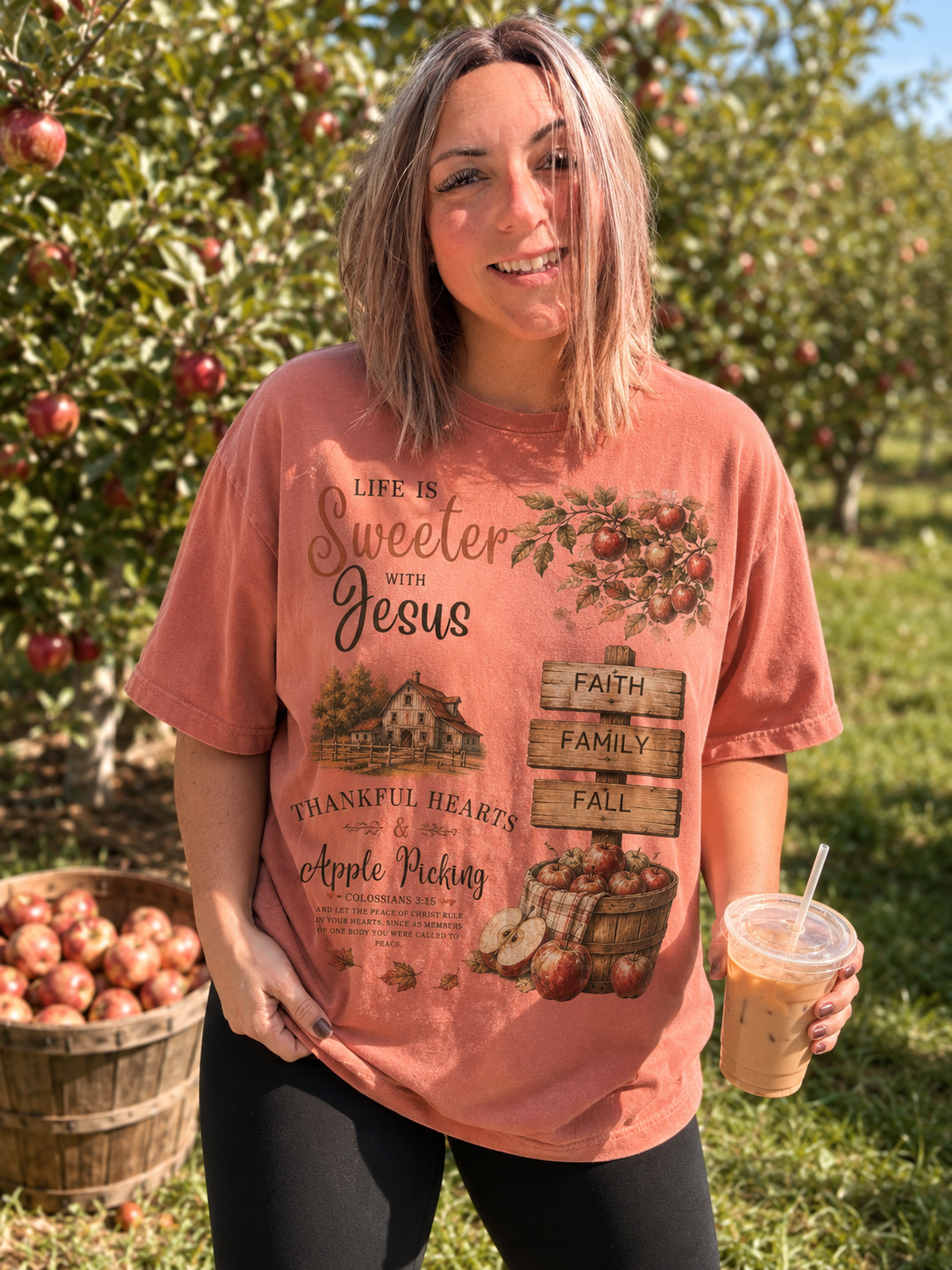 Life Is Sweeter With Jesus Fall Tee Comfort Colors Faith Family Apple Vintage by Knitted Grace