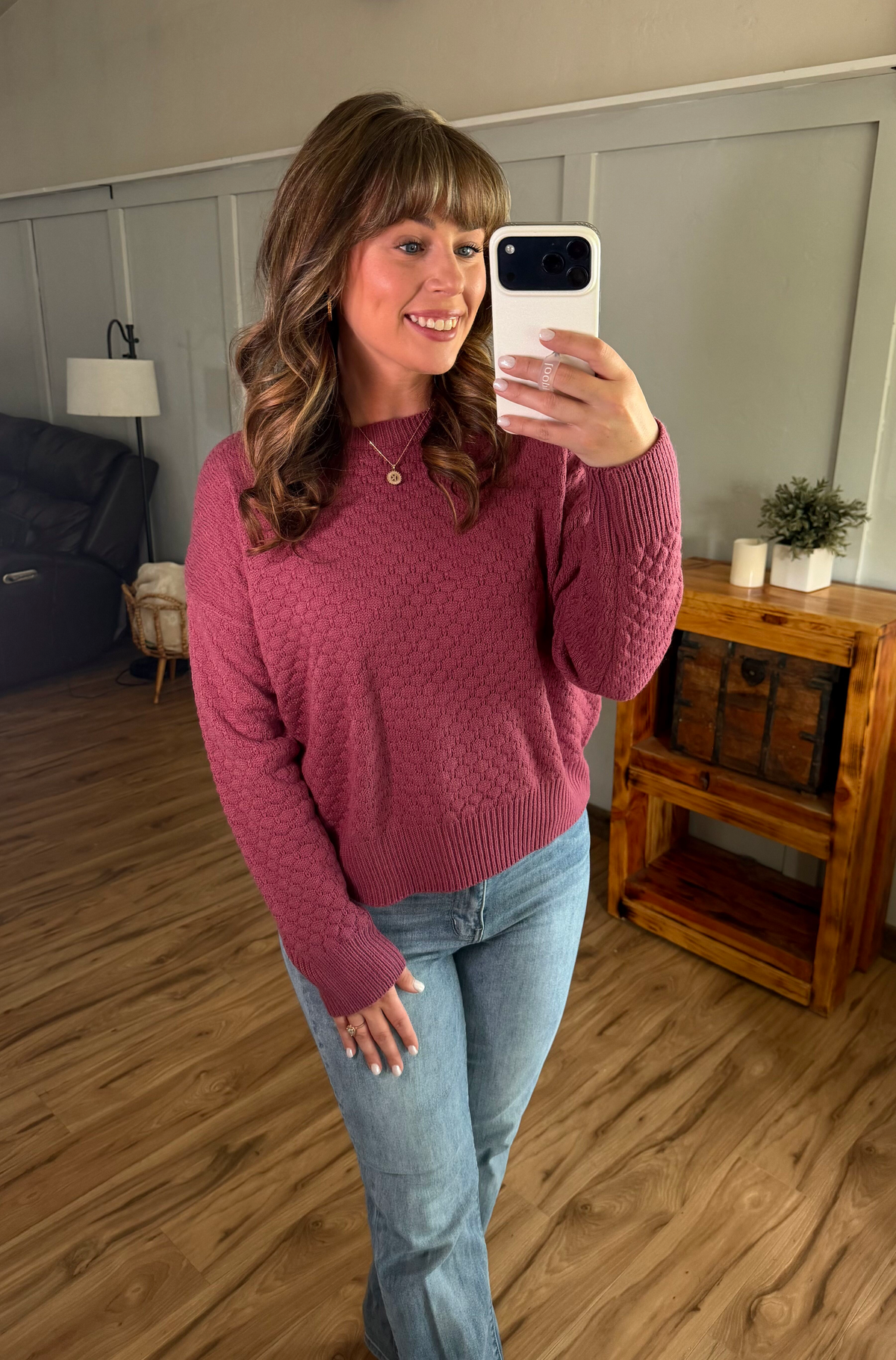 Gianna Crew Neck Pullover Sweater Raspberry Fun Pattern Ribbed Trim