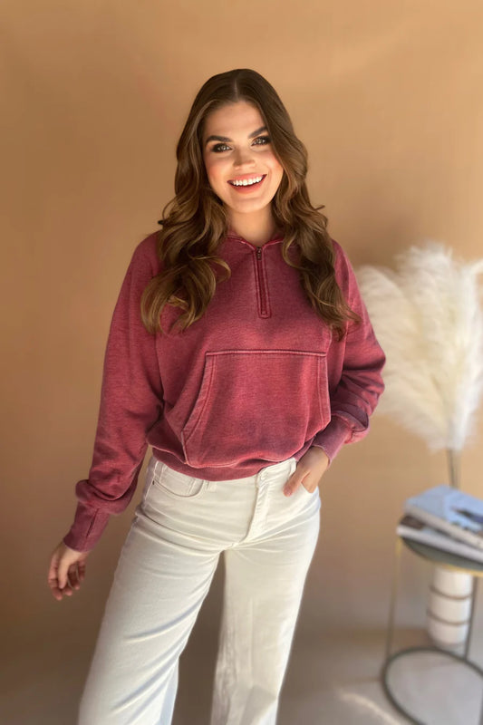 Carly Hooded Half Zip in Burgundy