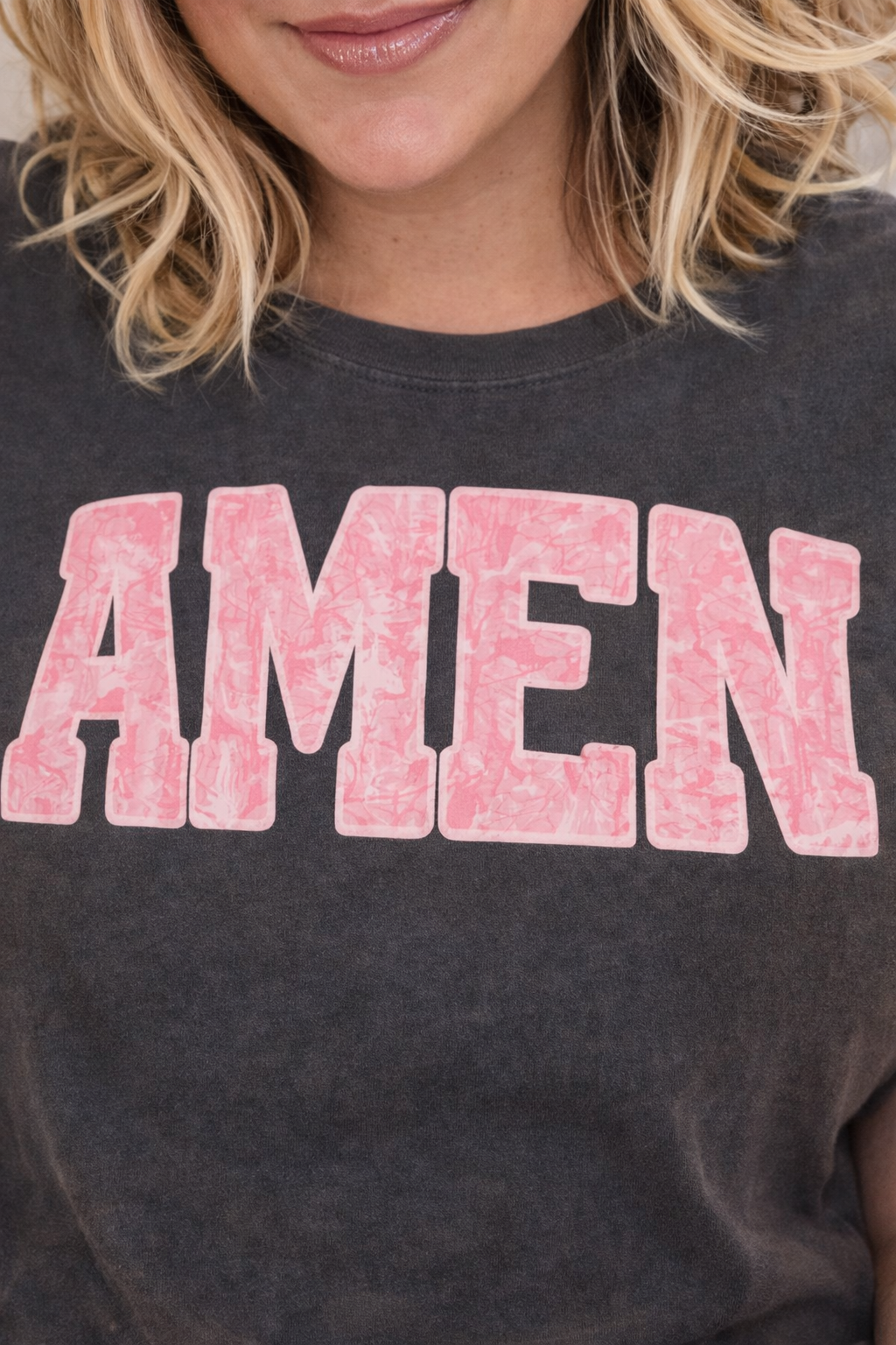 Amen in Pink Camo T-Shirt, Color Pepper