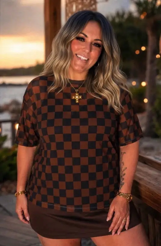 Emma Mesh Tee Black And Chocolate Checkered Print With Elbow Length Sleeves by Jess Lea