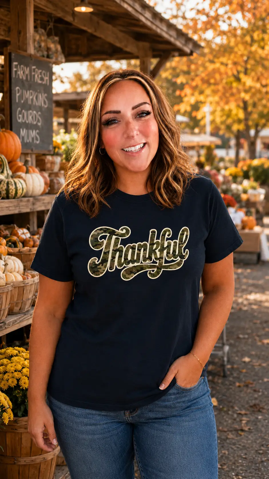 Thankful Camo Women's Heavyweight Graphic Tee by Knitted Grace Boutique