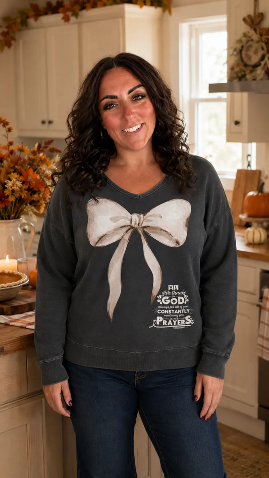 Give Thanks Bow Women's V-Neck Sweatshirt by Knitted Grace Boutique