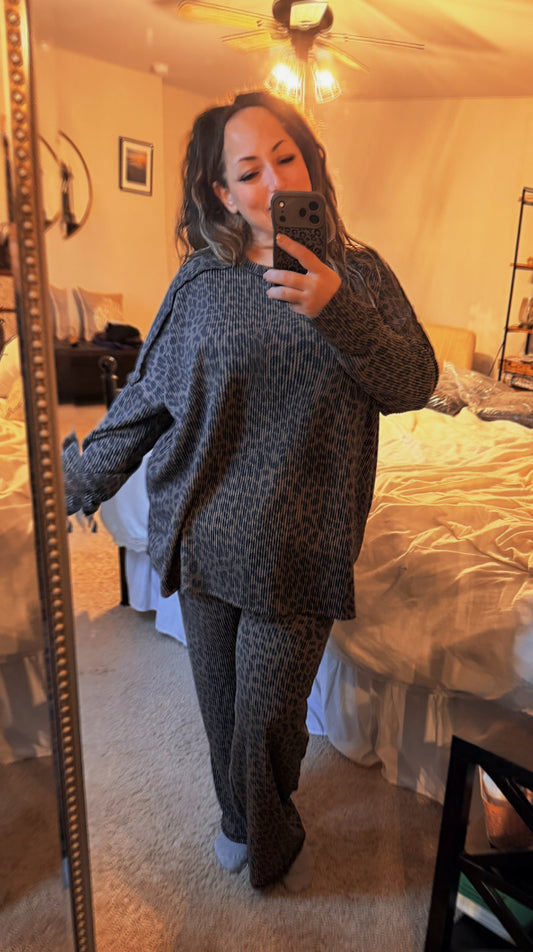 Feline Fierce Plus Sized Ribbed Wide Leg Pants & Pullover Set