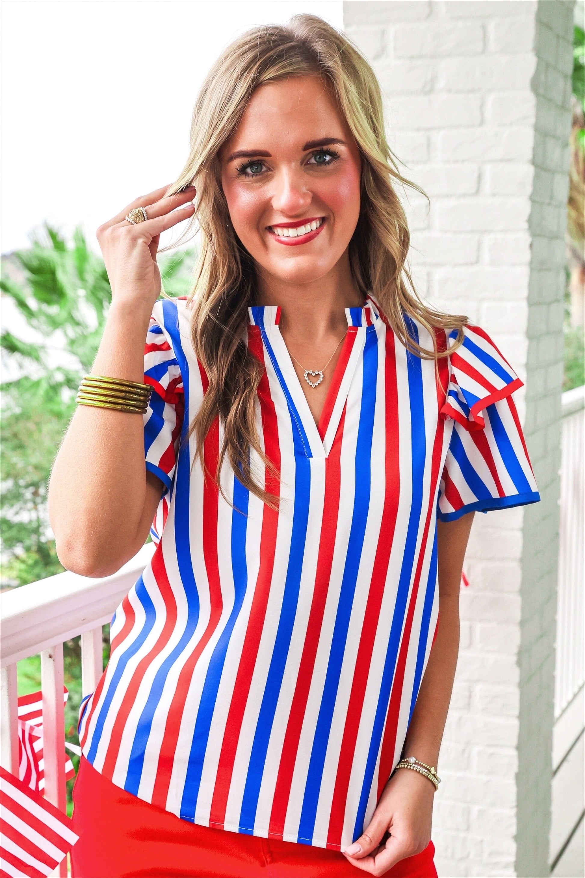 Kennedy Flutter Sleeve Blouse- Patriotic Stripes