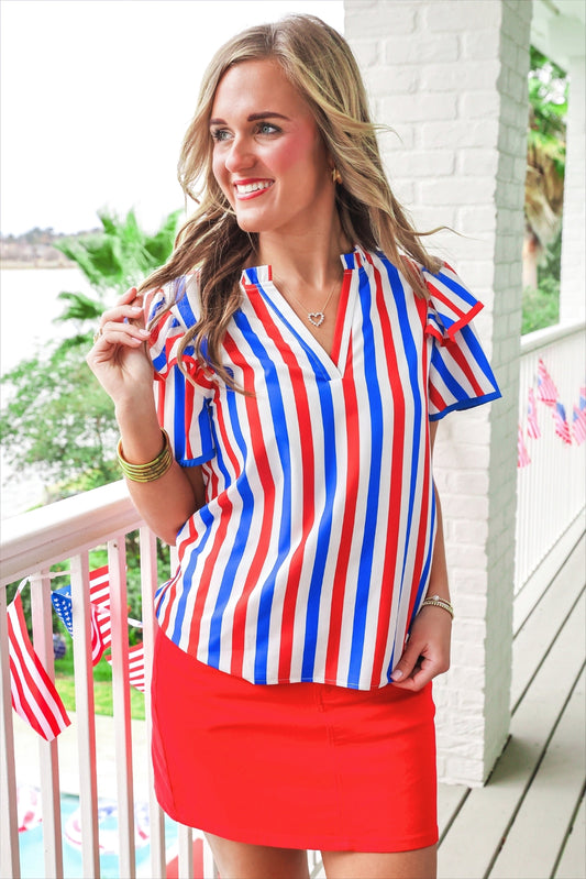 Kennedy Flutter Sleeve Blouse- Patriotic Stripes by Jess Lea