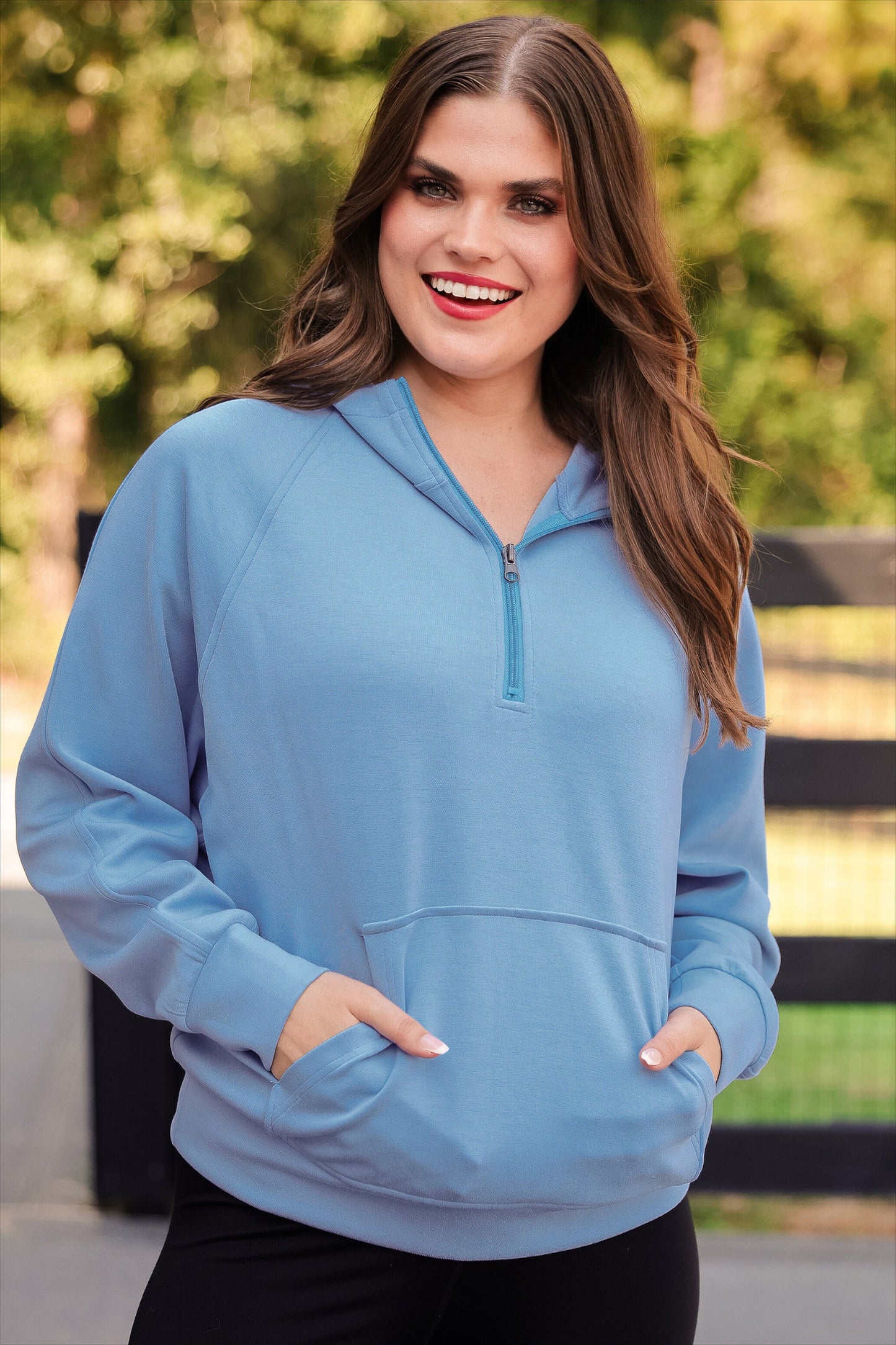 PREORDER- Kayla Luxe Hooded Quarter Zip Pullover- Light Blue