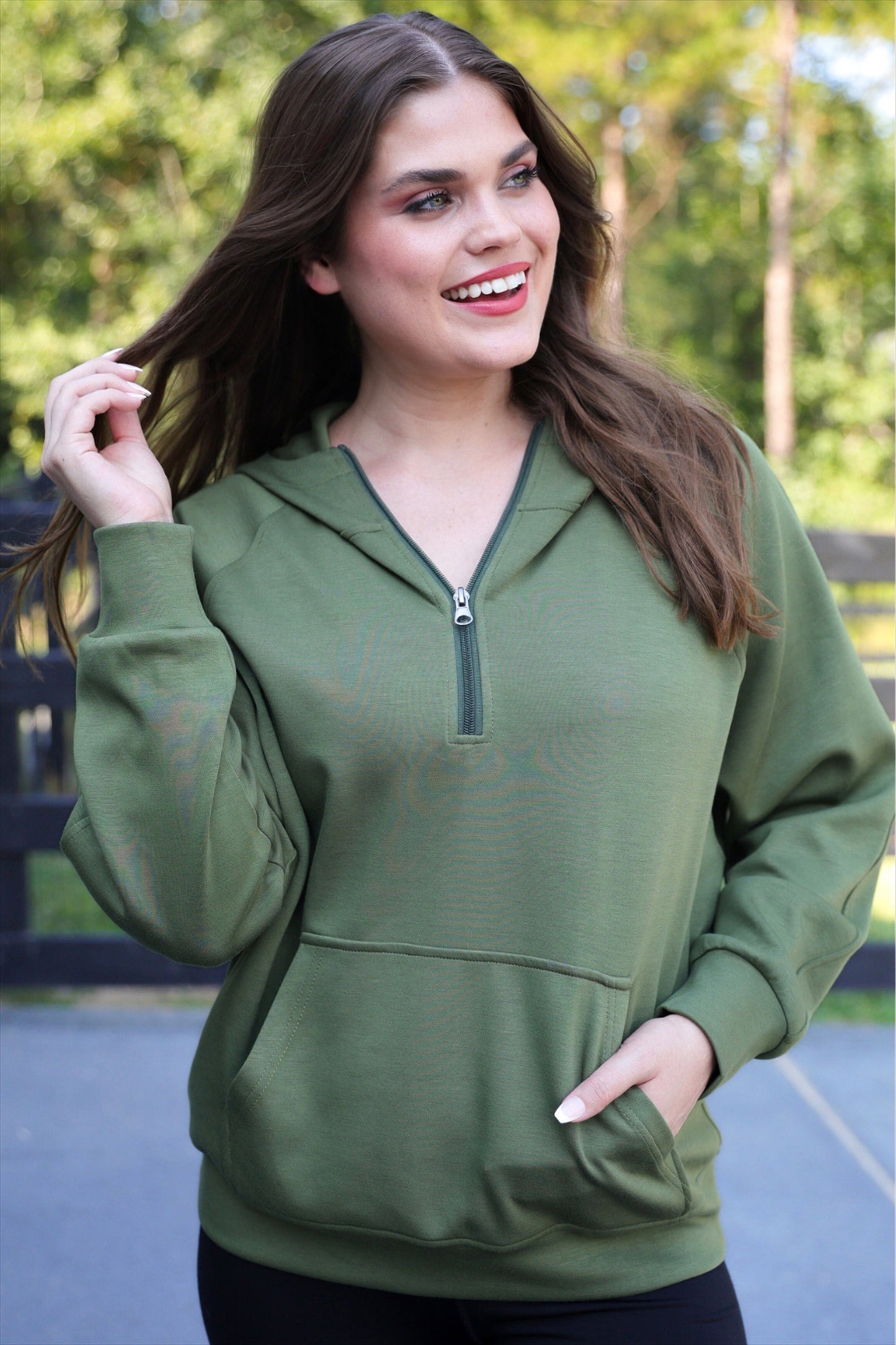 PREORDER- Kayla Luxe Hooded Quarter Zip Pullover- Olive
