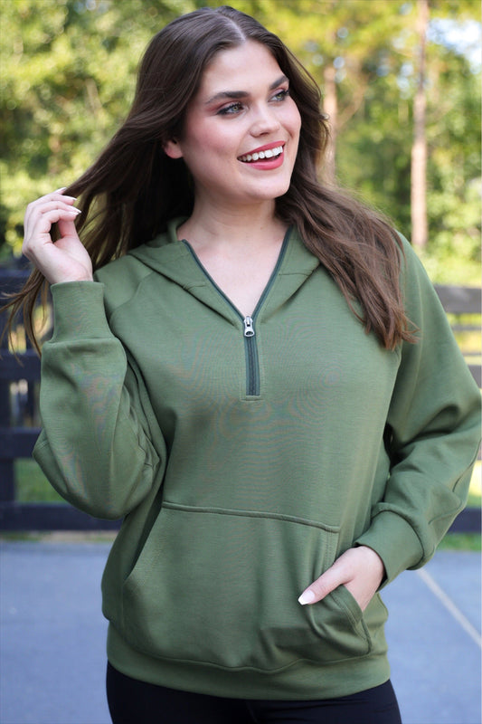 PREORDER- Kayla Luxe Hooded Quarter Zip Pullover- Olive