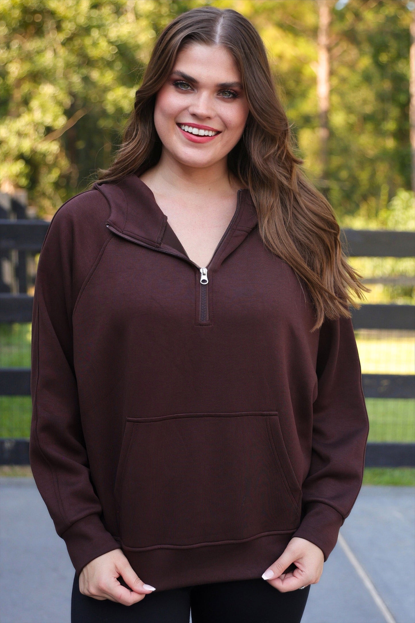 PREORDER- Kayla Luxe Hooded Quarter Zip Pullover- Chocolate
