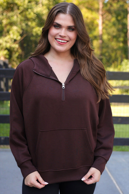 PREORDER- Kayla Luxe Hooded Quarter Zip Pullover- Chocolate