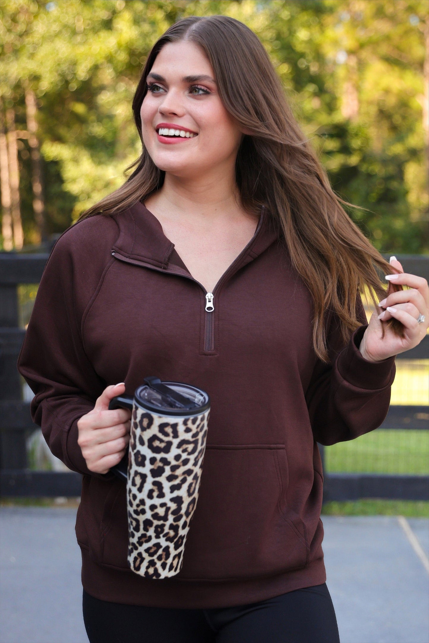 PREORDER- Kayla Luxe Hooded Quarter Zip Pullover- Chocolate