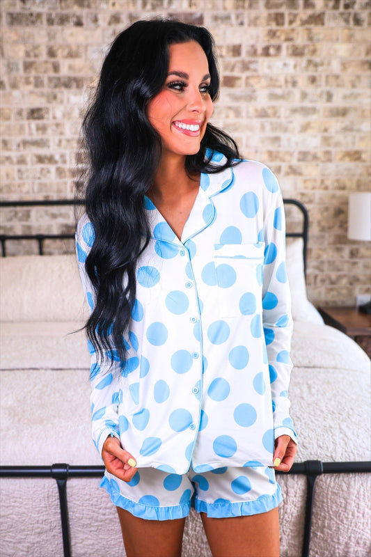 Light Blue Dotty Darling Ruffle Pajama Set by Jess Lea