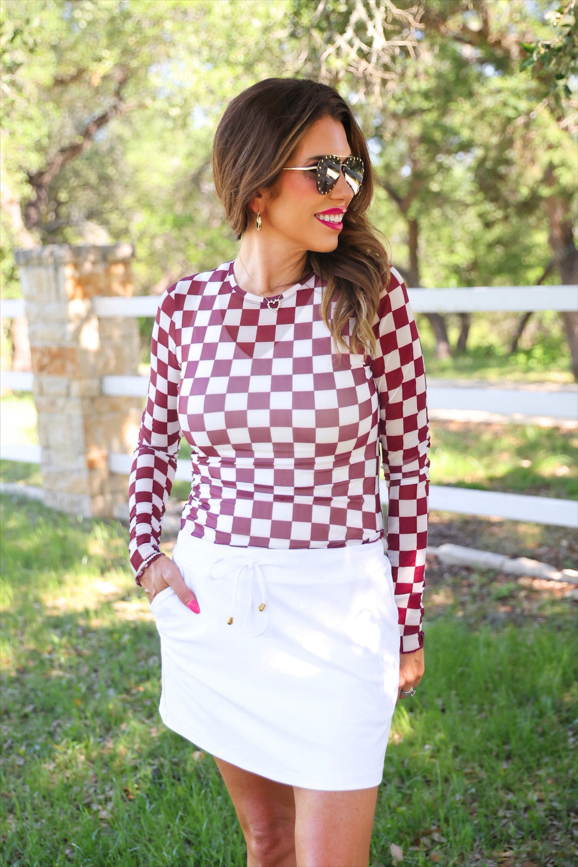 PREORDER- Alyssa Mesh Top- Maroon Checkered by Jess Lea