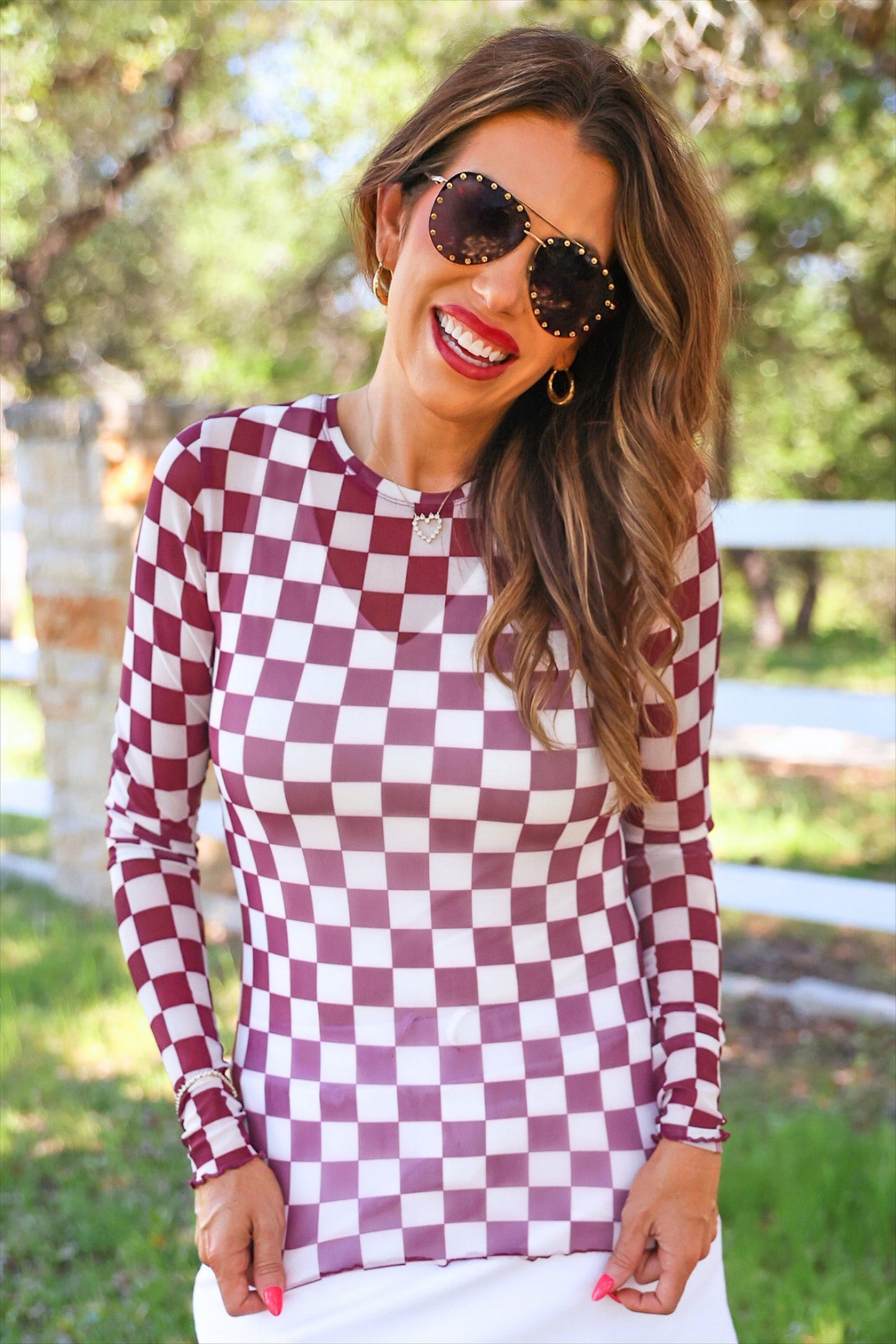 PREORDER- Alyssa Mesh Top- Maroon Checkered by Jess Lea