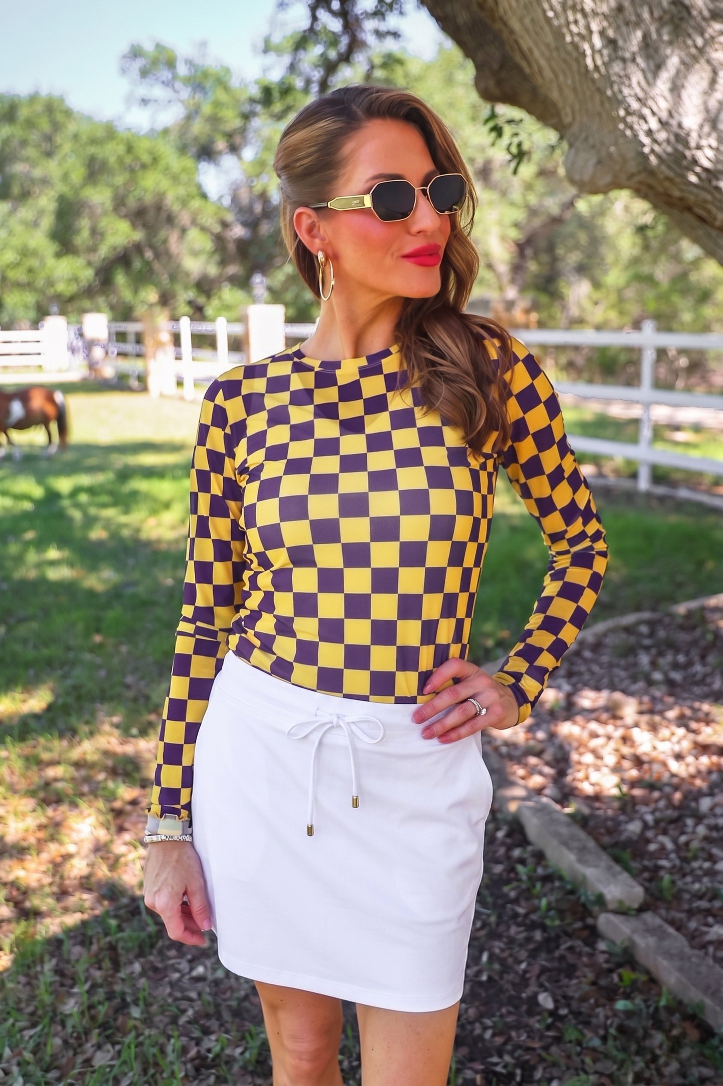PREORDER- Alyssa Mesh Top- Purple/Yellow Checkered by Jess Lea