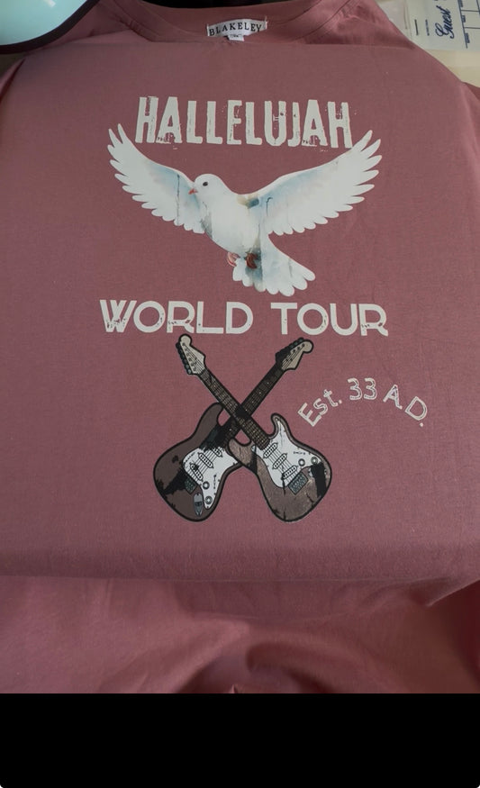 Hallelujah World Tour, Original Knitted Grace Design on a Blakeley Designs Washed T -Shirt in Mauve by BLAKELEY