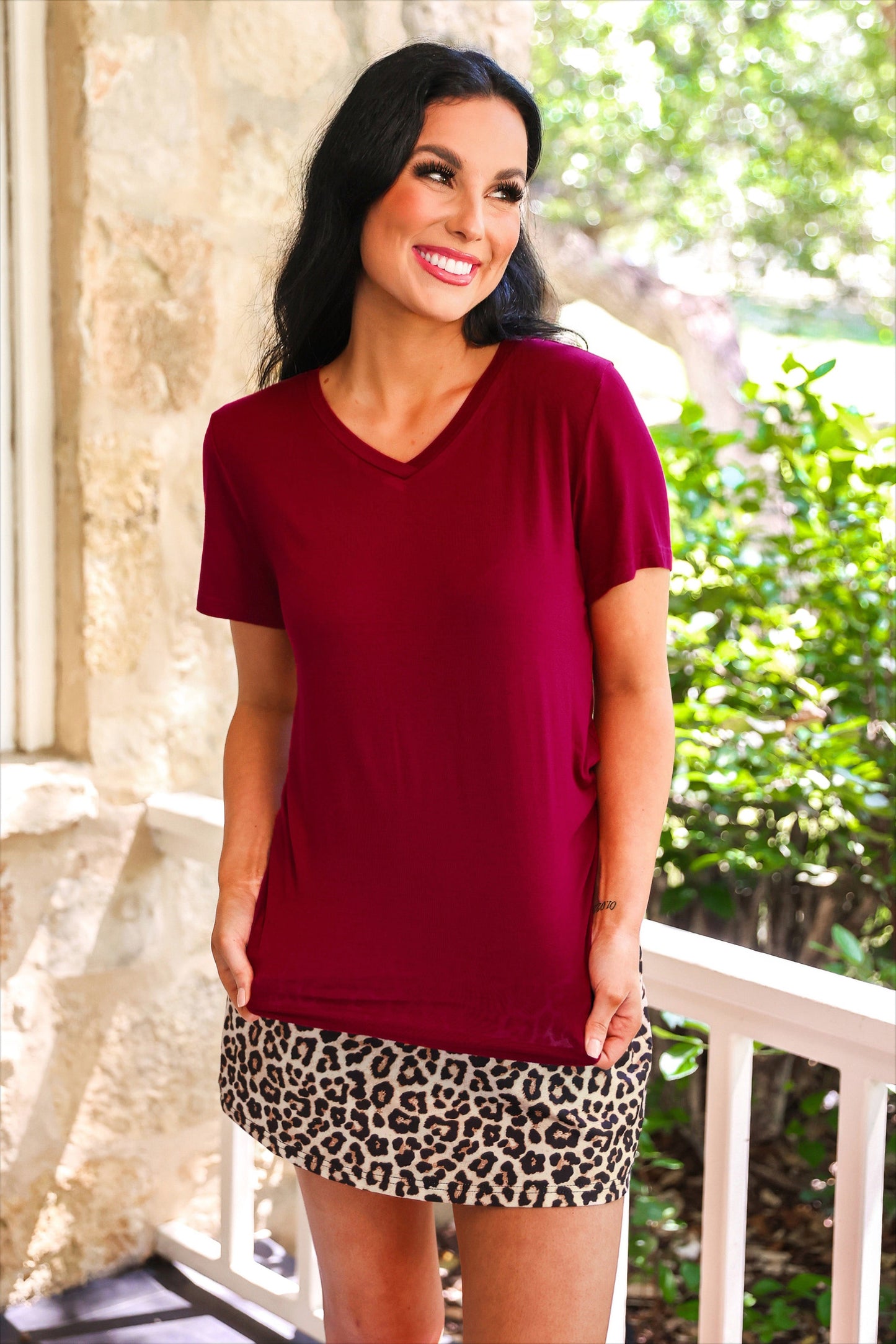 Preorder Jess Lea Burgundy Basic Tee V Neck Short Sleeve Ladies Top