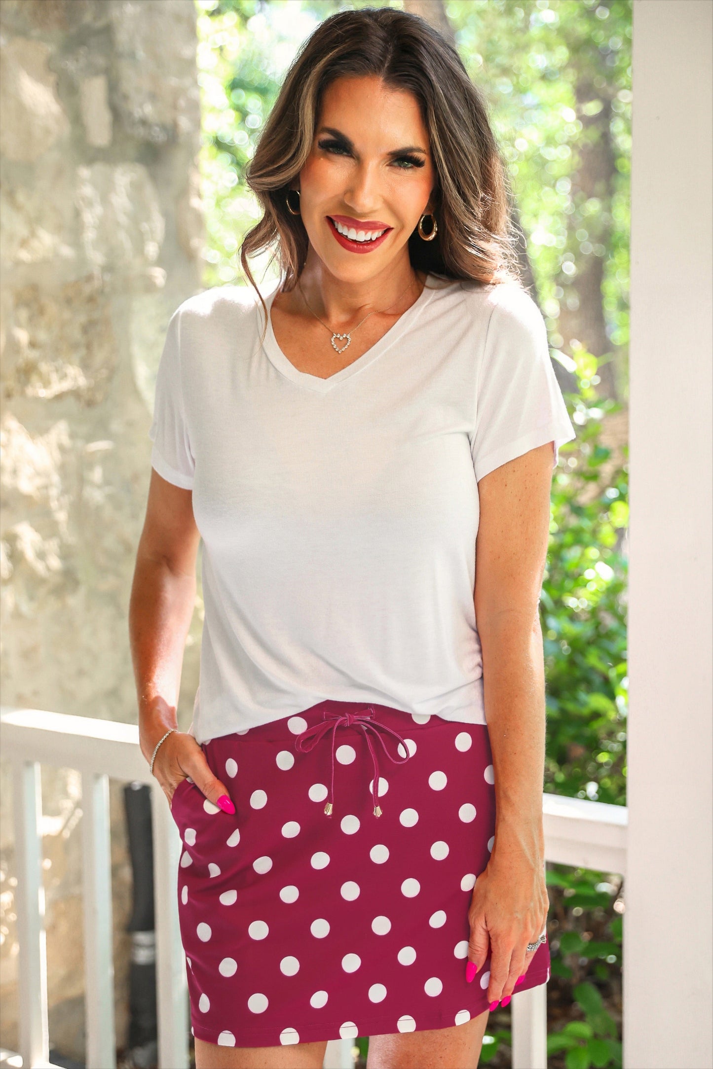 Preorder Burgundy Polka Dot Skort With Pockets And Drawstring