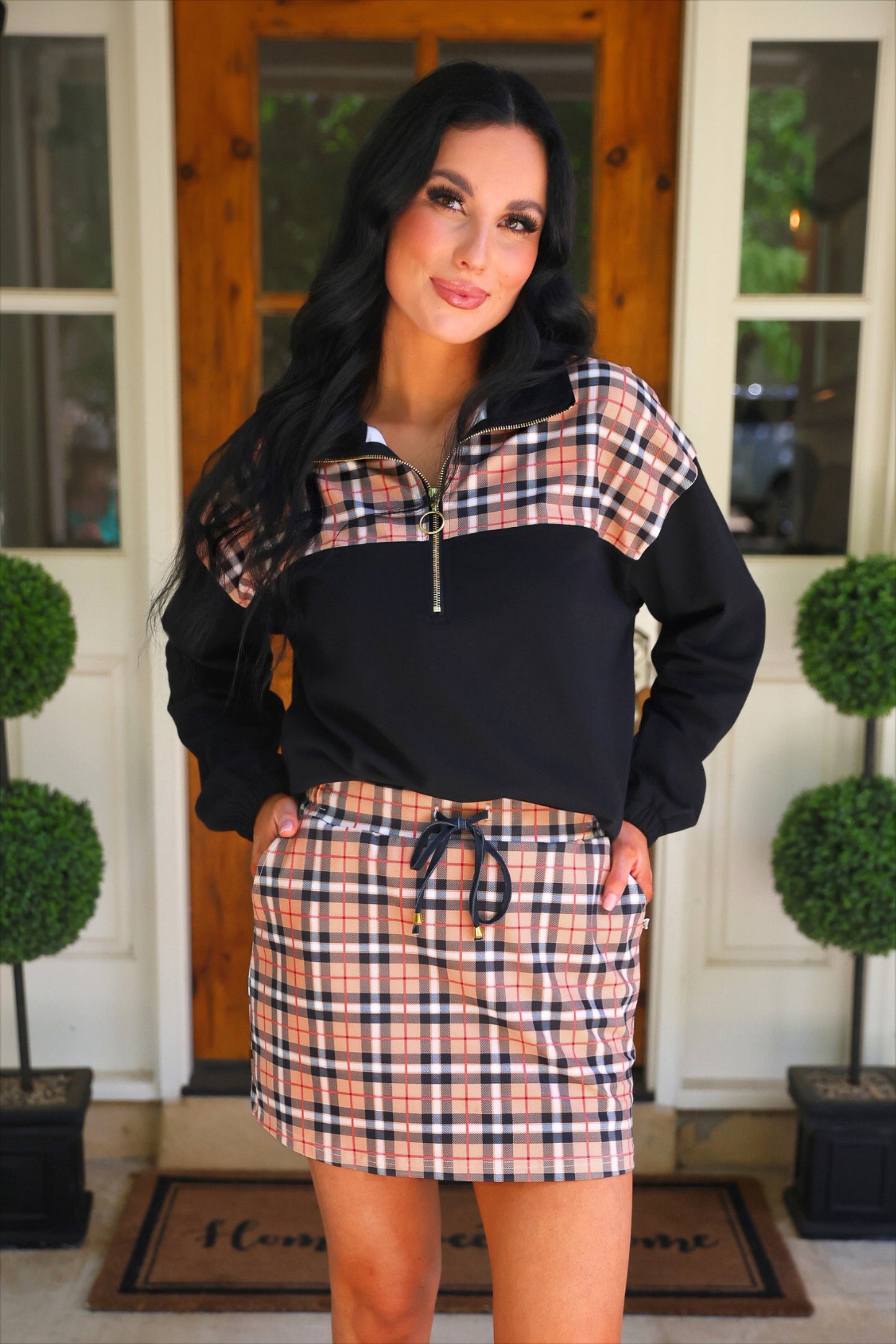 Nora Plaid Skort With Stretchy Waistband And Adjustable Drawstring