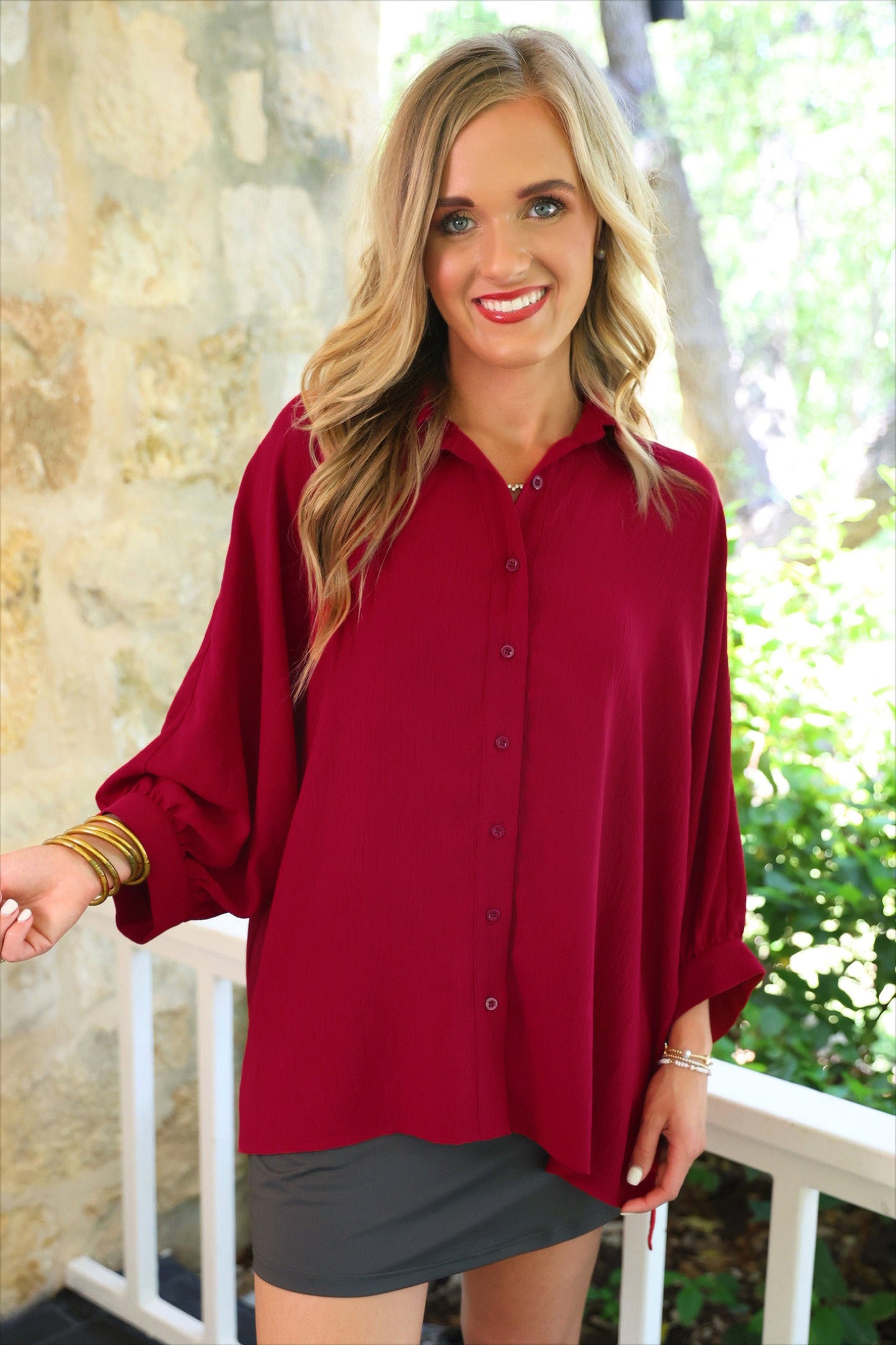 Sloane Button Up Top Burgundy Oversized Relaxed Fit Textured Shirt For Women