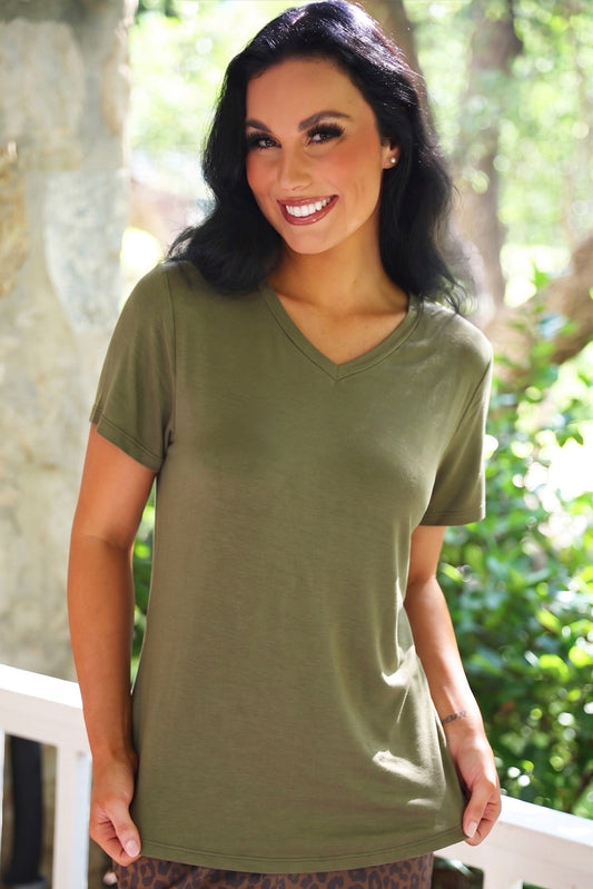 Jess Lea Olive Basic Tee Preorder V Neck Short Sleeve Rounded Hem by Jess Lea