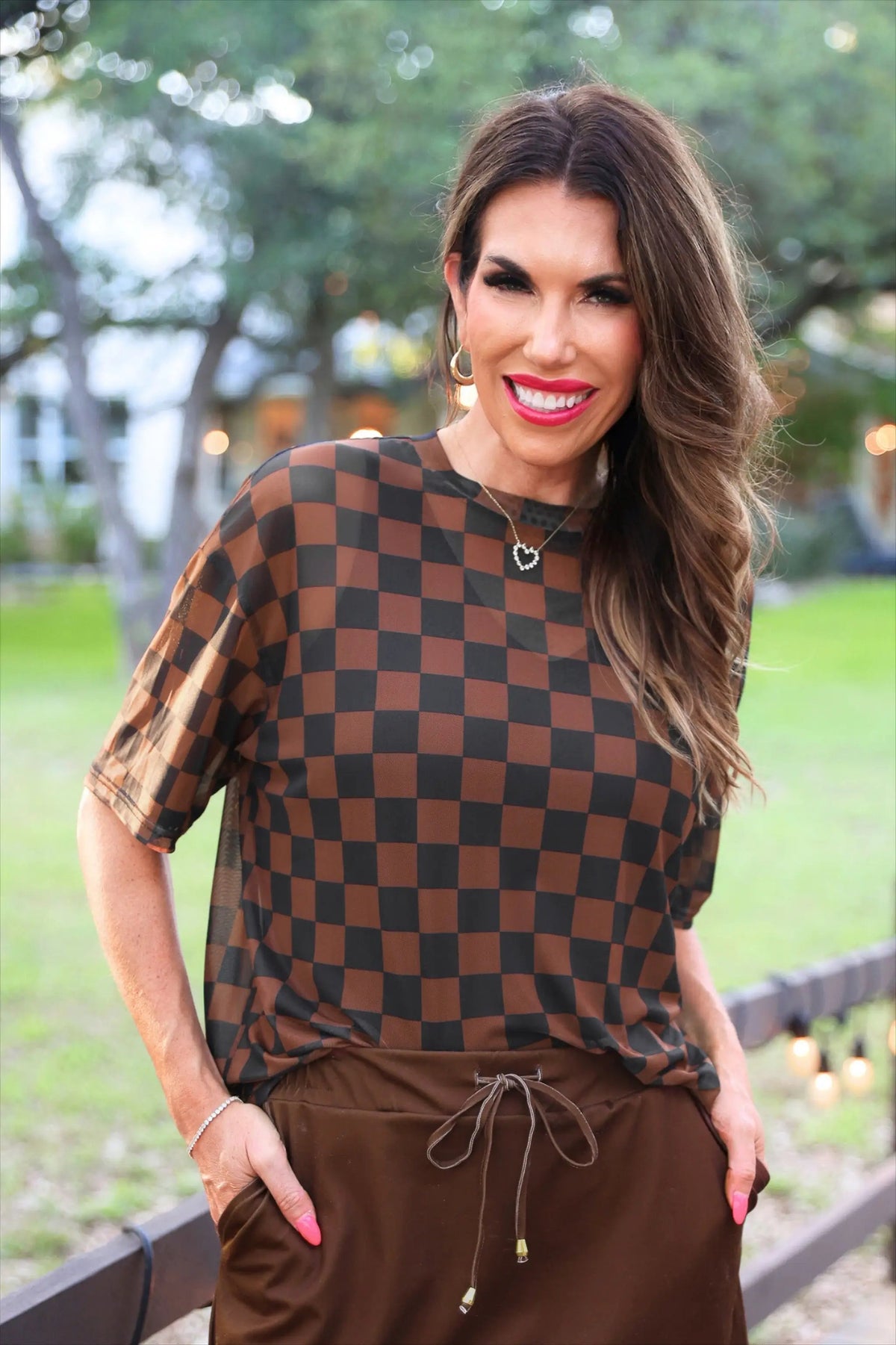 Emma Mesh Tee Black And Chocolate Checkered Print With Elbow Length Sleeves by Jess Lea