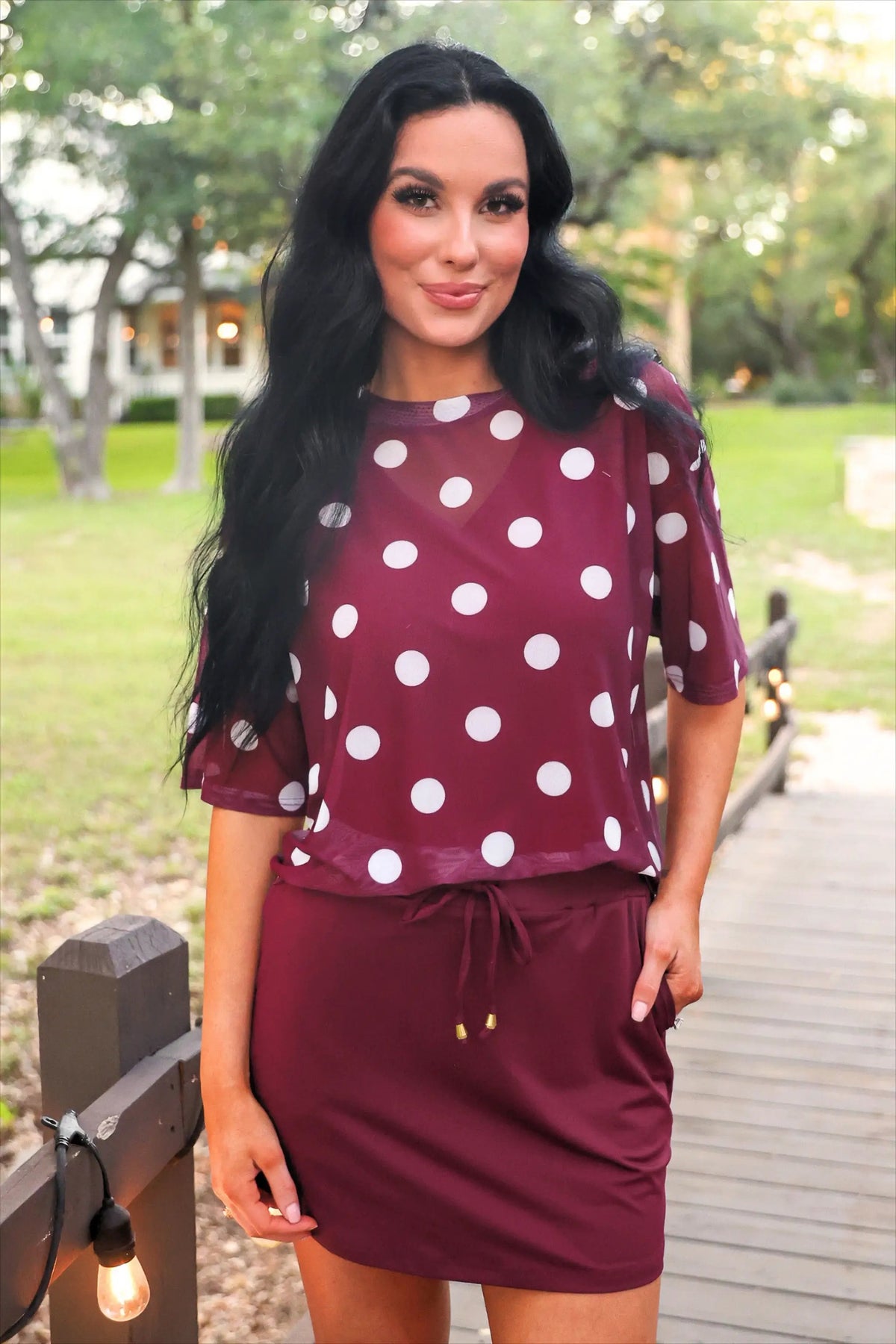 Preorder Emma Mesh Tee Burgundy Polka Dot Lightweight Boxy Top by Jess Lea