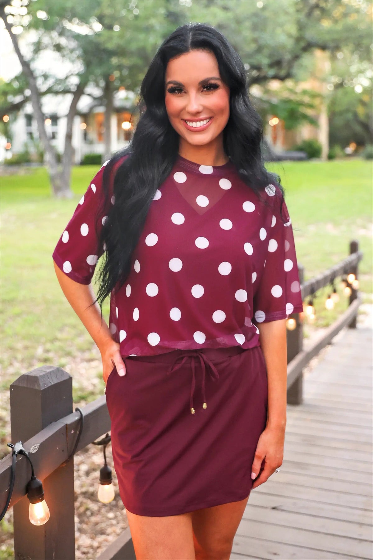 Preorder Emma Mesh Tee Burgundy Polka Dot Lightweight Boxy Top by Jess Lea