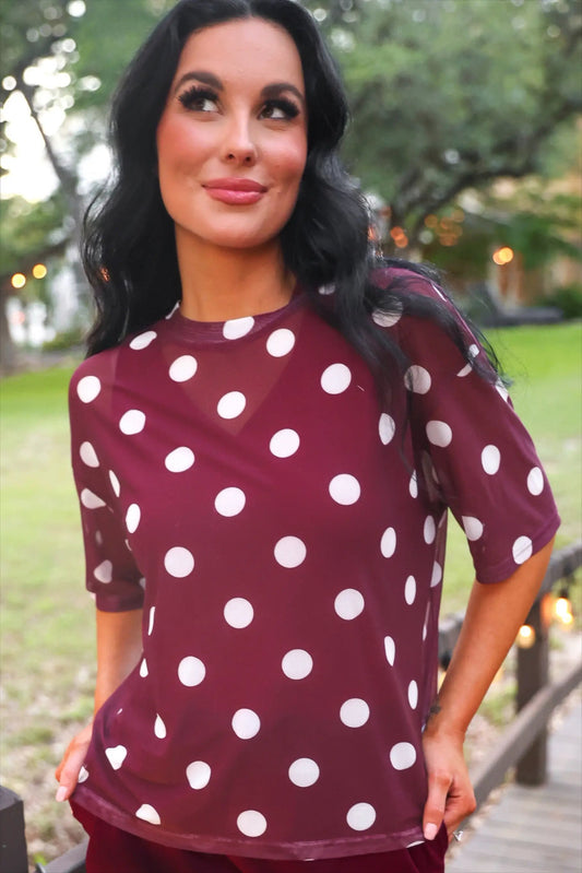 Preorder Emma Mesh Tee Burgundy Polka Dot Lightweight Boxy Top by Jess Lea