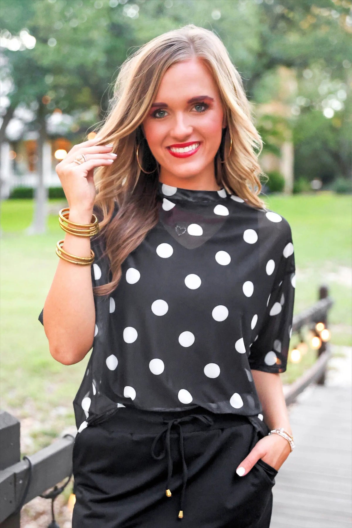 Emma Mesh Tee After Dark Polka Dot Preorder Top Online by Jess Lea