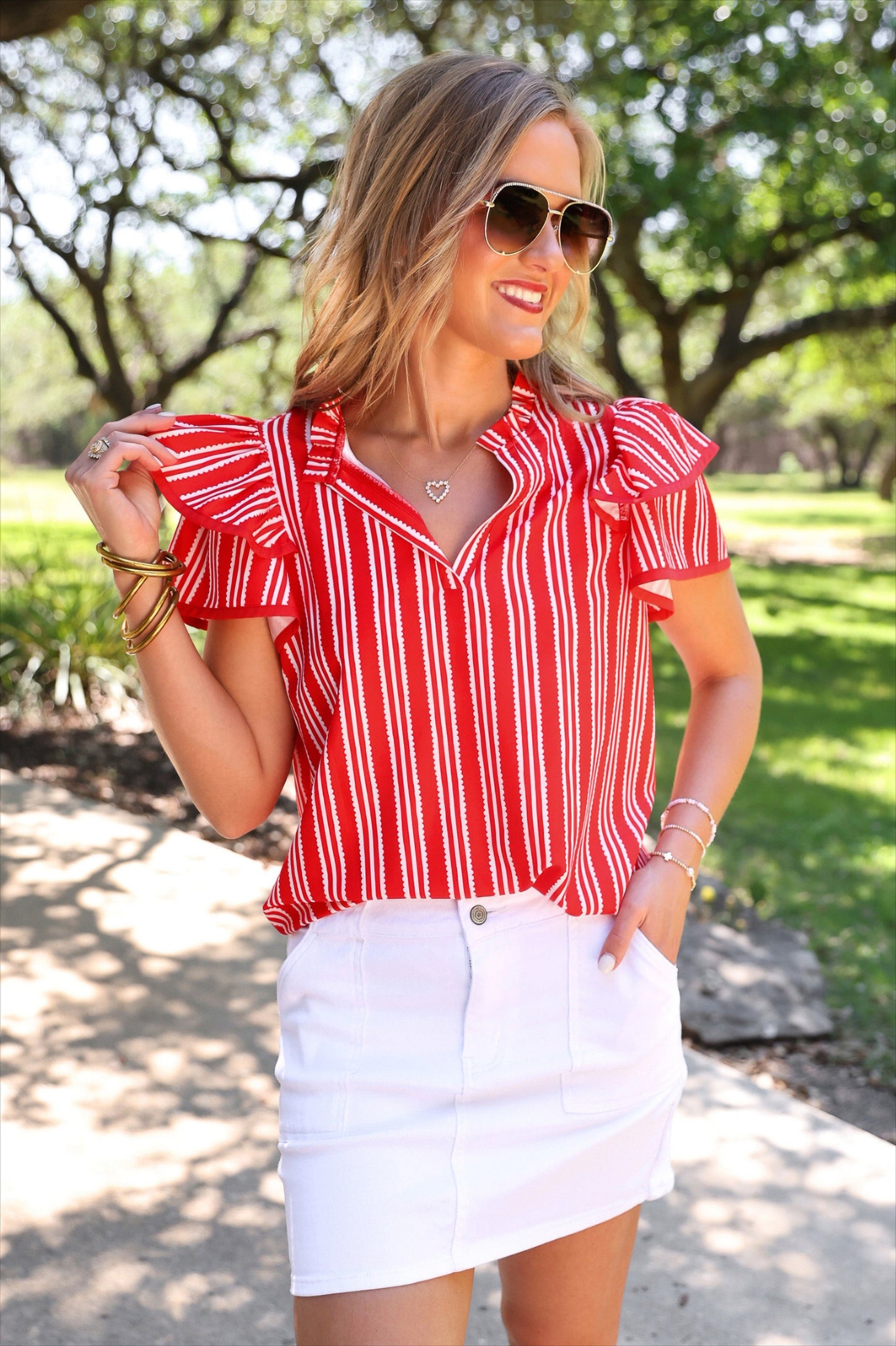 PREORDER- Layla Striped Flutter Sleeve Blouse- Red by Jess Lea