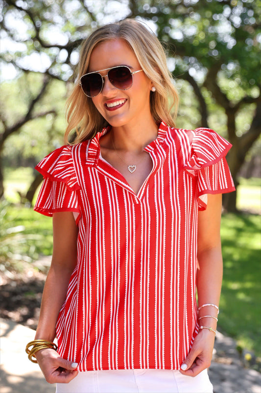 PREORDER- Layla Striped Flutter Sleeve Blouse- Red by Jess Lea