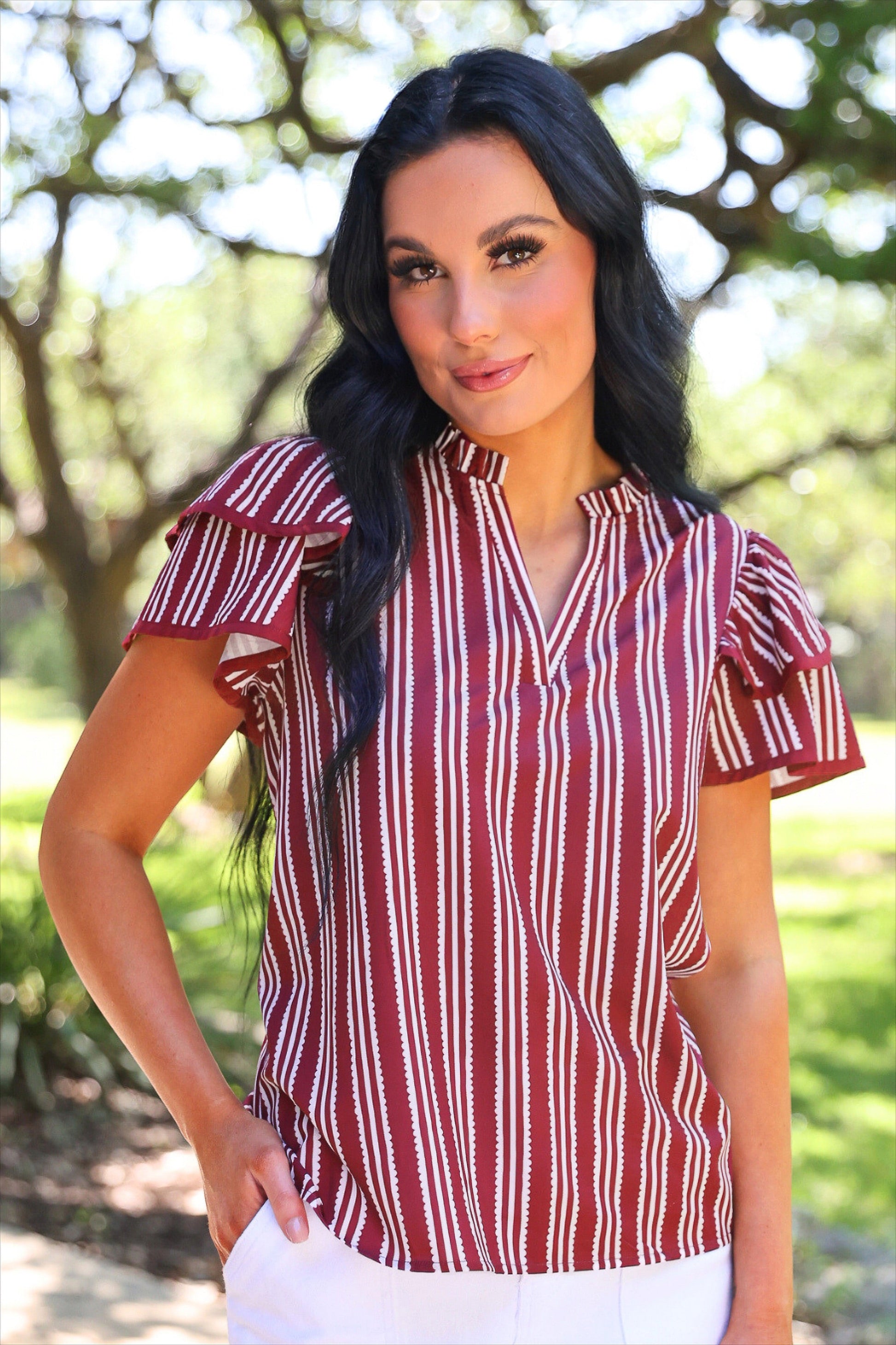PREORDER- Layla Striped Flutter Sleeve Blouse- Maroon by Jess Lea