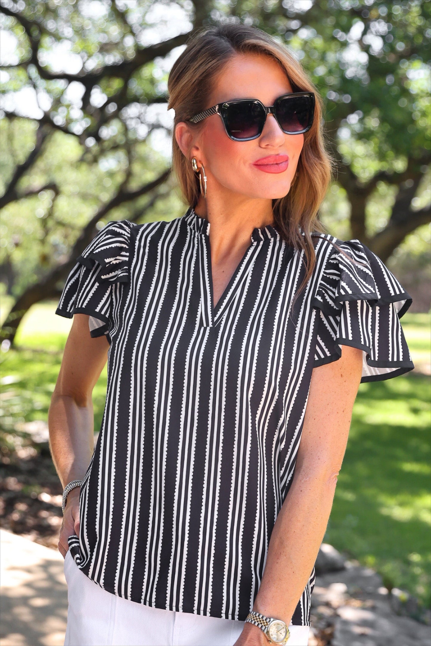 PREORDER- Layla Striped Flutter Sleeve Blouse- Black by Jess Lea