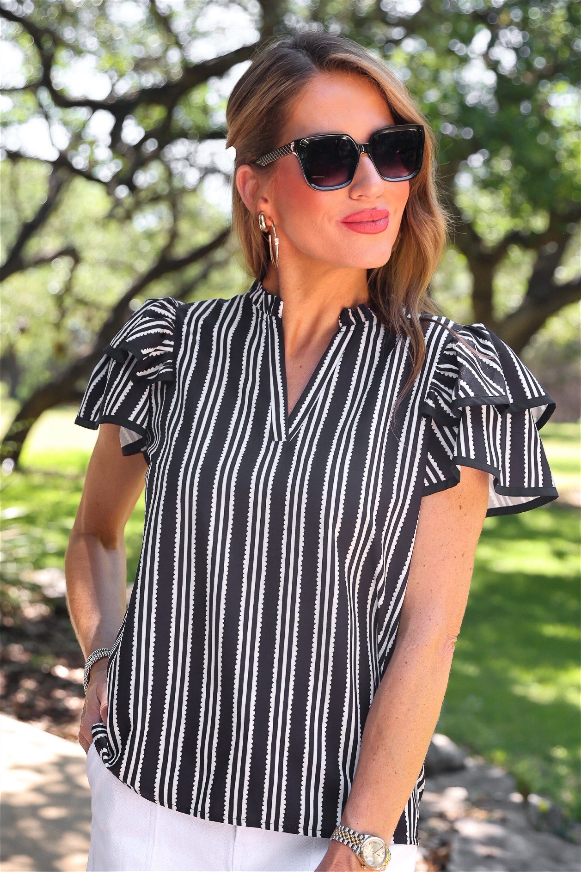 PREORDER- Layla Striped Flutter Sleeve Blouse- Black by Jess Lea