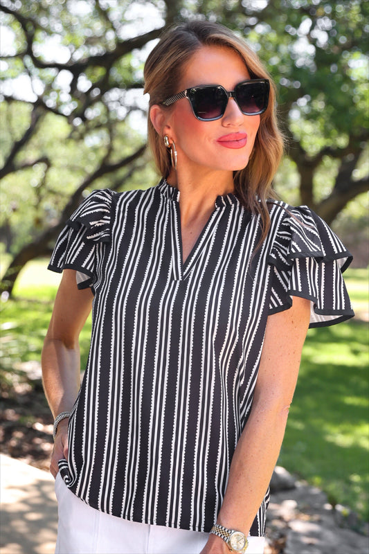 PREORDER- Layla Striped Flutter Sleeve Blouse- Black by Jess Lea
