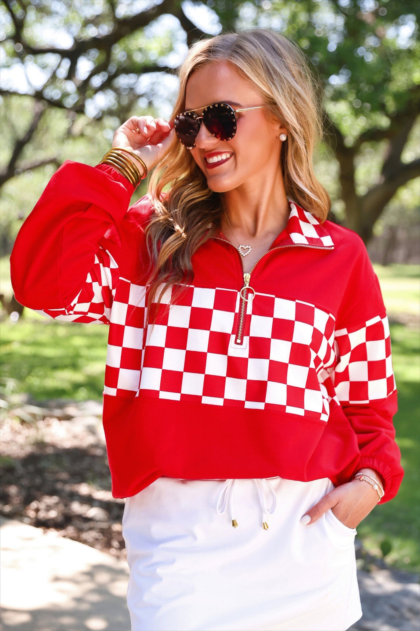 PREORDER- End Zone Checkered Pullover- Red by Jess Lea