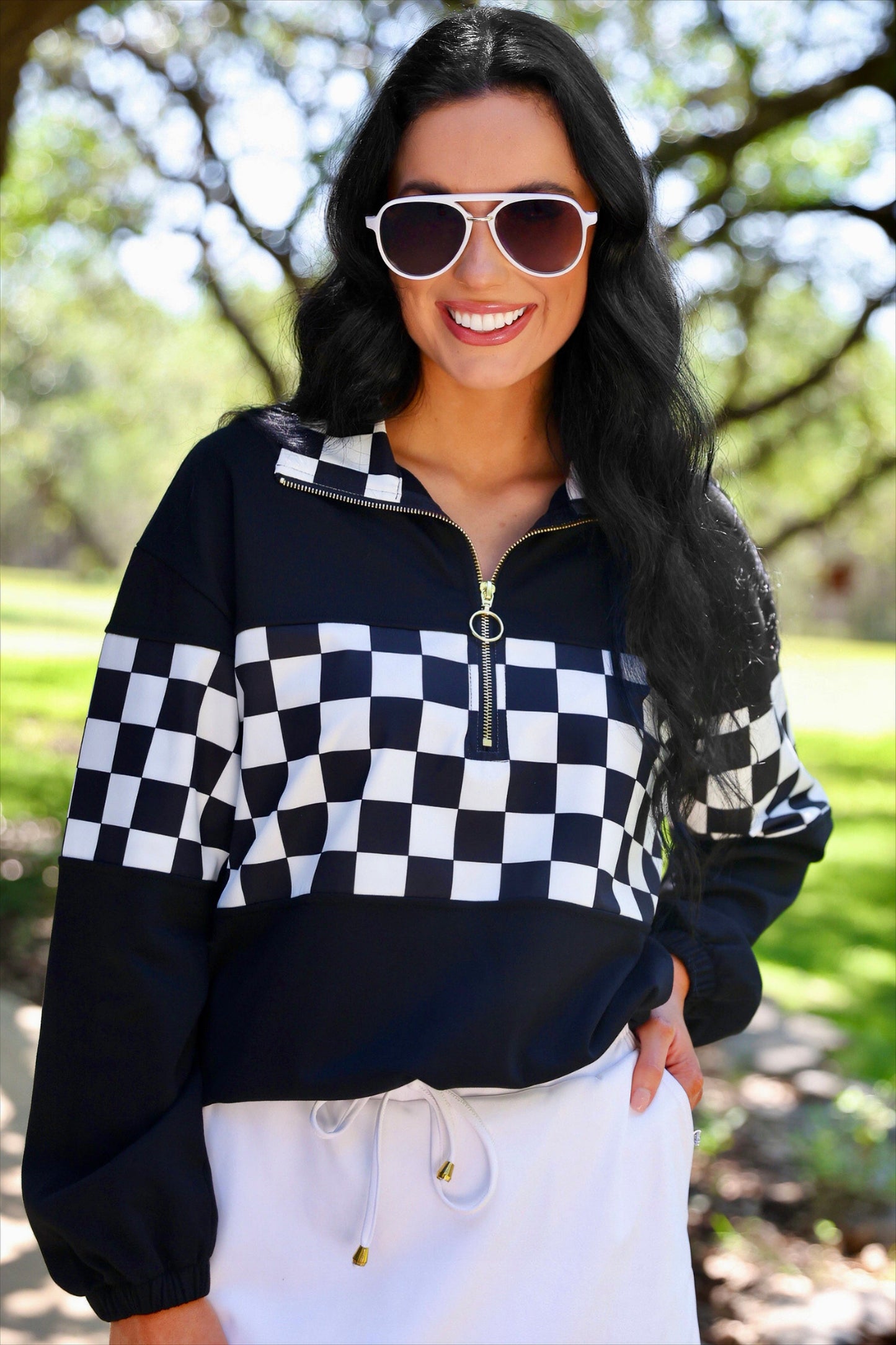 PREORDER- End Zone Checkered Pullover- Black by Jess Lea