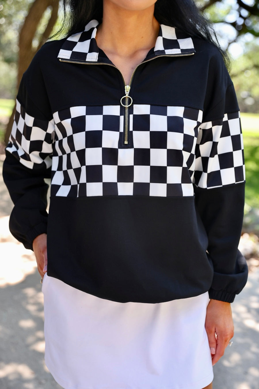PREORDER- End Zone Checkered Pullover- Black by Jess Lea