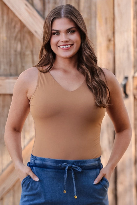 Haven V-Neck Bodysuit- Tan by Jess Lea