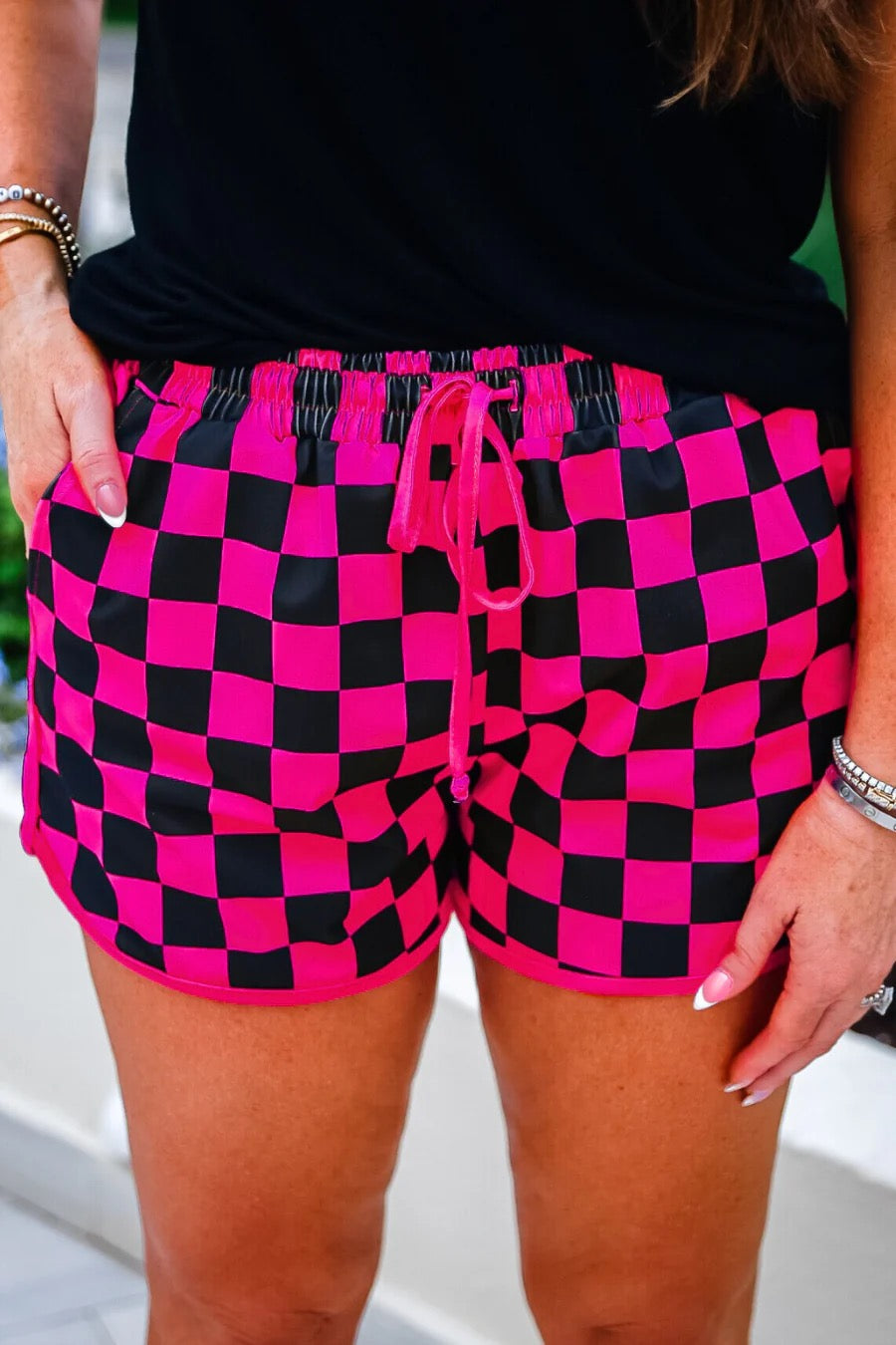 Pink & Black Checkered Mid-Rise Shorts by Knitted Grace