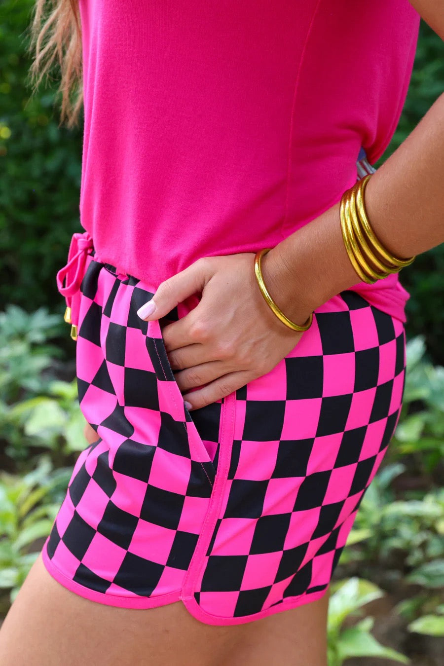 Pink & Black Checkered Mid-Rise Shorts by Knitted Grace